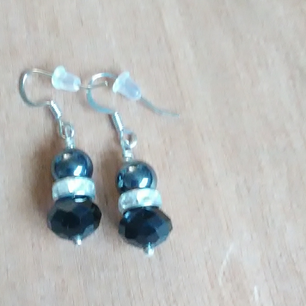 TM Art, sparkly blk faceted glass, Cz & hematite